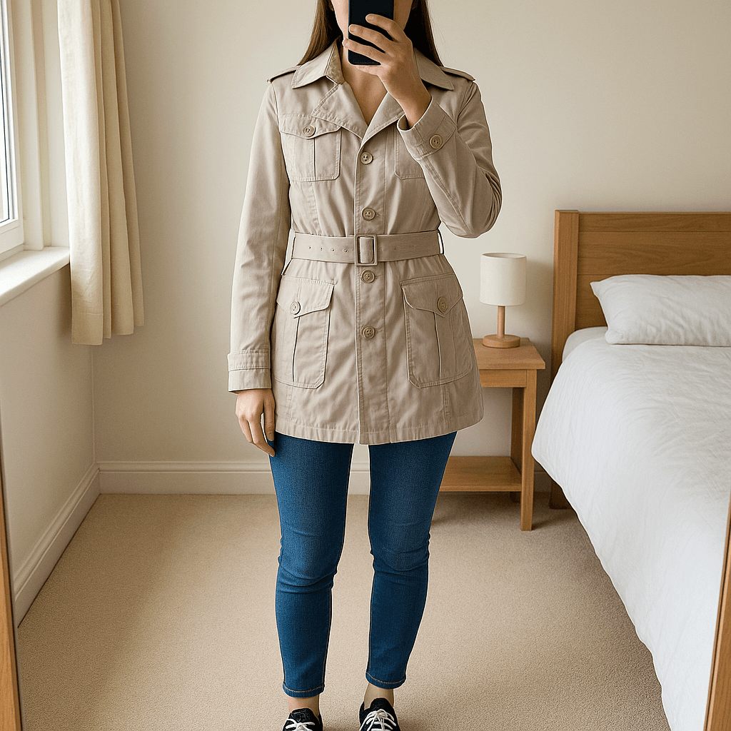 H&M Dusky Pink Cotton Blend Belted Trench Coat / Mac - UK14 standing straight facing the camera, in a softly lit bedroom setting, with gentle natural light filtering through a window.