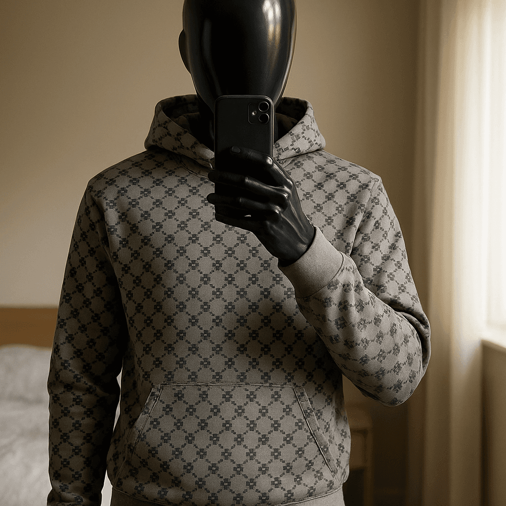 a glossy black plastic mannequin with no facial features in Mikina s kapucňou McNeal standing straight facing the camera, with a slim body type, in a softly lit bedroom setting, with gentle natural light filtering through a window.