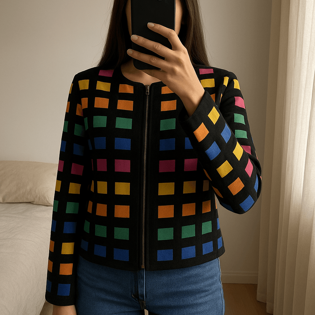 jacke leder bunt aufrecht stehend, der Kamera zugewandt, in einem sanft beleuchteten Schlafzimmer, mit natürlichem Licht, das durch ein Fenster fällt.