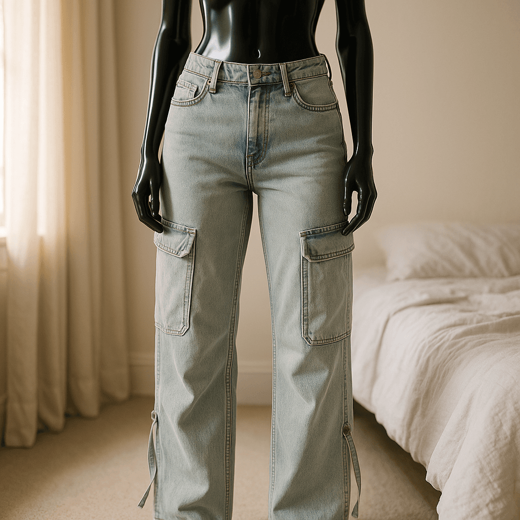 a glossy black plastic mannequin with no facial features in Oversize cargo džínsy standing straight facing the camera, with a slim body type, in a softly lit bedroom setting, with gentle natural light filtering through a window.