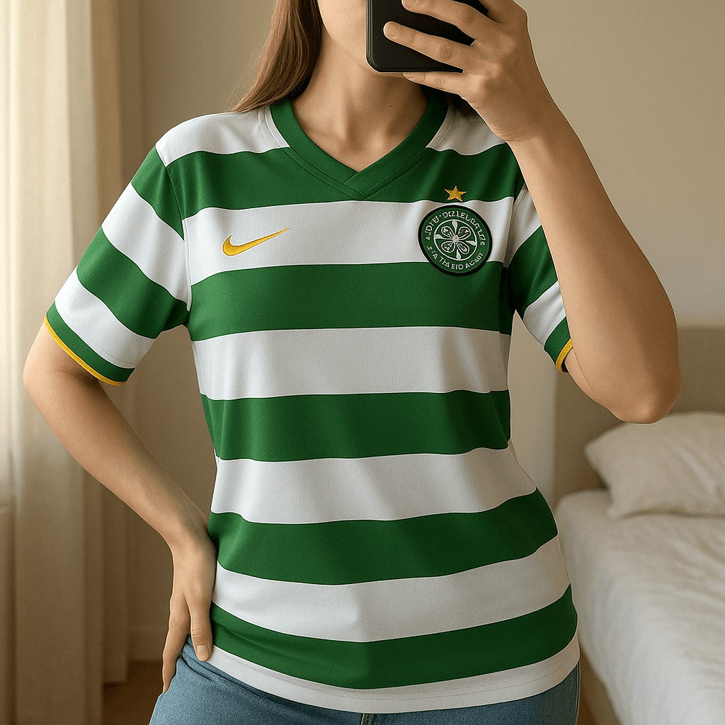 Una persona in Magalie di squadra Nike Celtic M - T-shirt football Celtic Nike inarcando leggermente la schiena per una posa dinamica, in una camera da letto con luce soffusa e luce naturale che filtra dalla finestra.