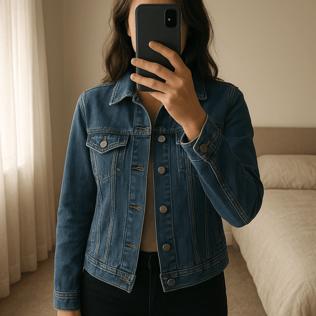 Denim Jacket standing straight facing the camera, in a softly lit bedroom setting, with gentle natural light filtering through a window.