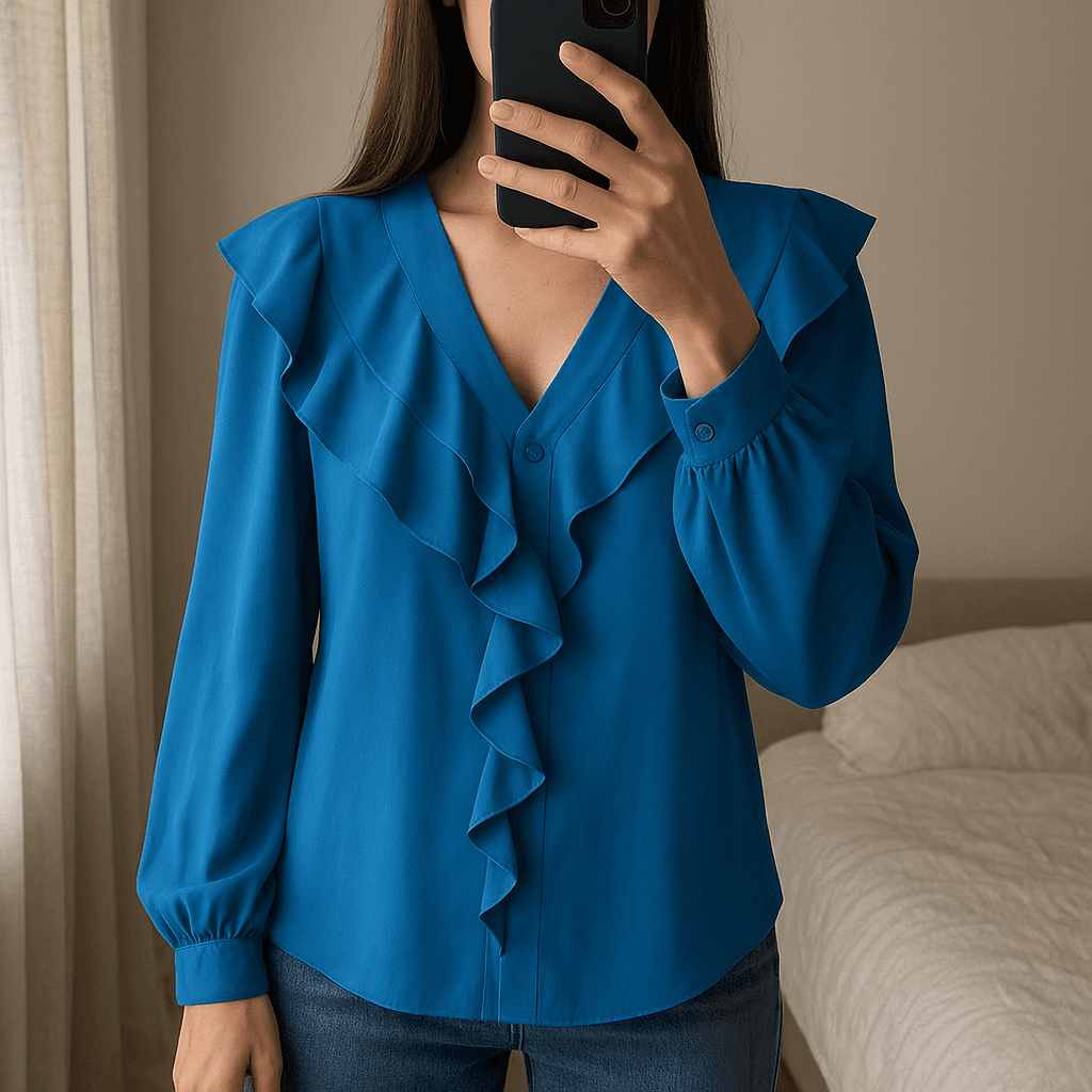 Blue frilled blouse standing straight facing the camera, in a softly lit bedroom setting, with gentle natural light filtering through a window.