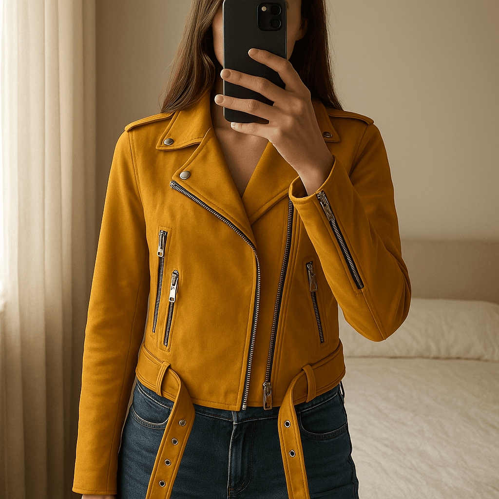 Biker giallo ocra in piedi, rivolto verso la fotocamera, in una camera da letto con luce soffusa e luce naturale che filtra dalla finestra.