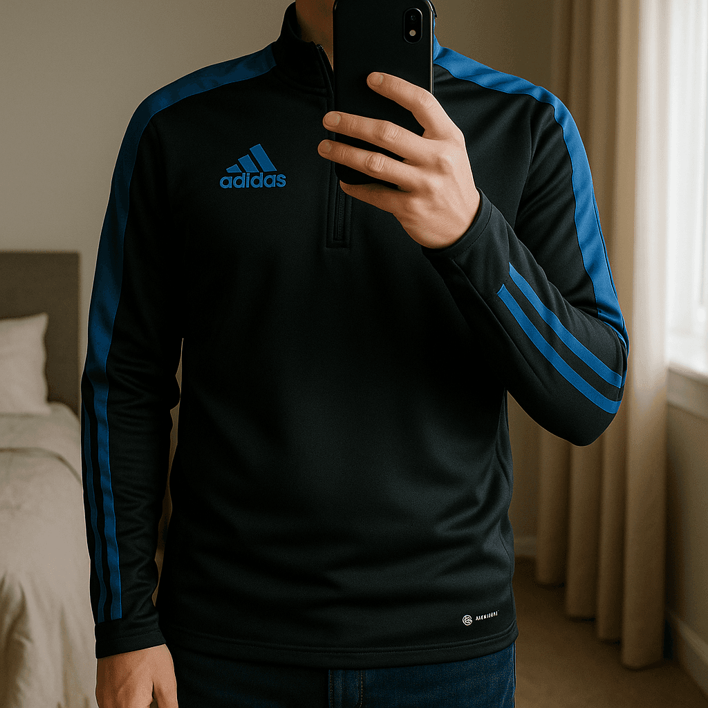 Men's Adidas zip up top size XS standing straight facing the camera, in a softly lit bedroom setting, with gentle natural light filtering through a window.