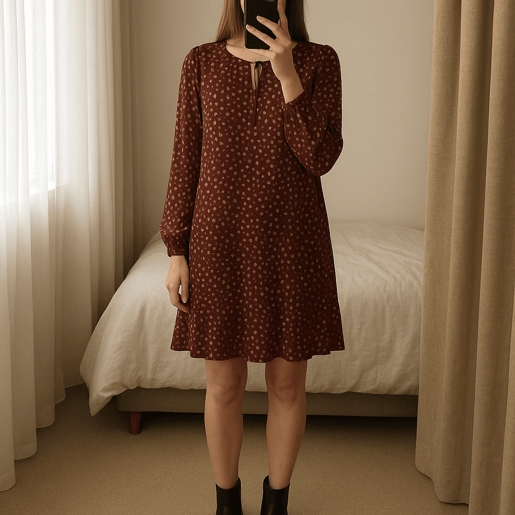 Dress standing straight facing the camera, in a softly lit bedroom setting, with gentle natural light filtering through a window.