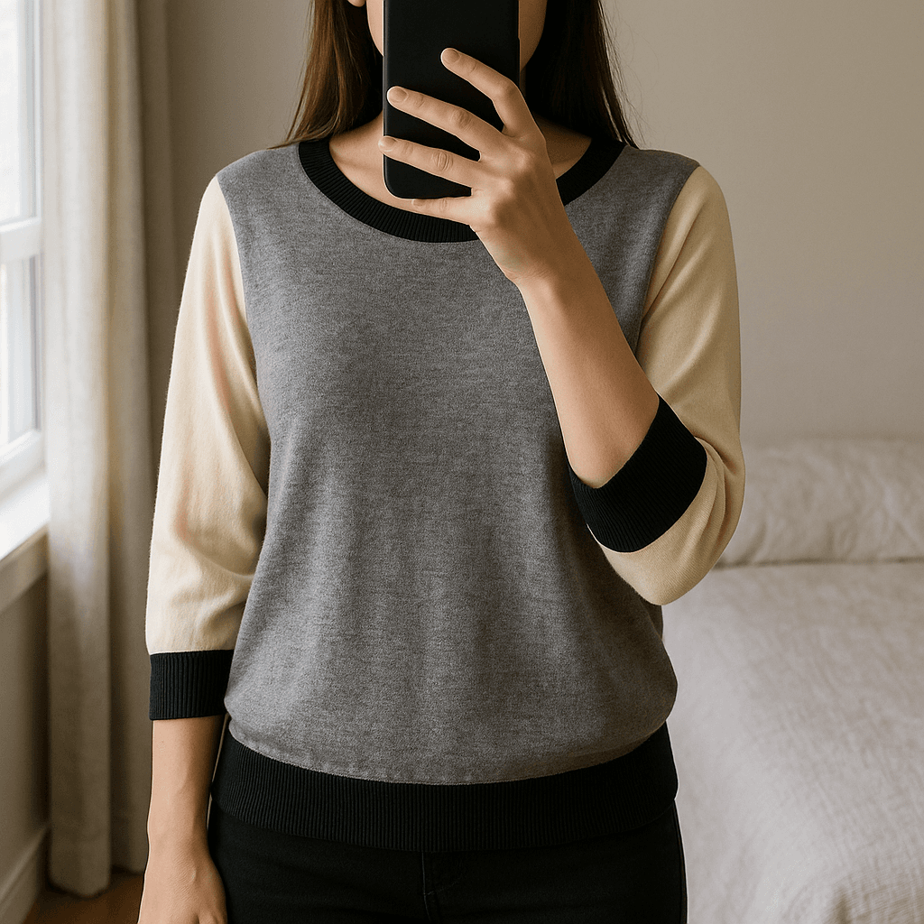 Donna Karan NY colour block long jumper size M 10/12 standing straight facing the camera, in a softly lit bedroom setting, with gentle natural light filtering through a window.