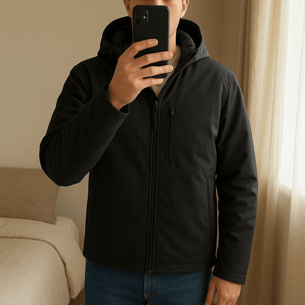 Short Parka Aviator Soft Shell Nero – Impermeabile e Versatile – Taglia XL in piedi, rivolto verso la fotocamera, in una camera da letto con luce soffusa e luce naturale che filtra dalla finestra.