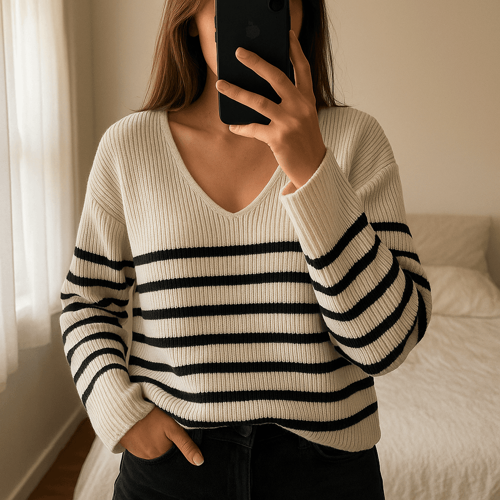 Pull à rayures mango S - Maglione Donna S pullover in piedi, rivolto verso la fotocamera, in una camera da letto con luce soffusa e luce naturale che filtra dalla finestra.