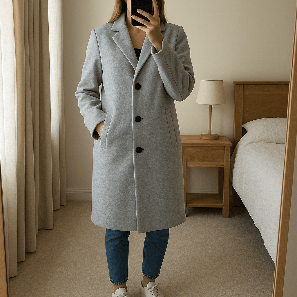 Soyaconcept Asta 2 Grey Wool Blend Long Winter Duster Coat - Large standing straight facing the camera, in a softly lit bedroom setting, with gentle natural light filtering through a window.