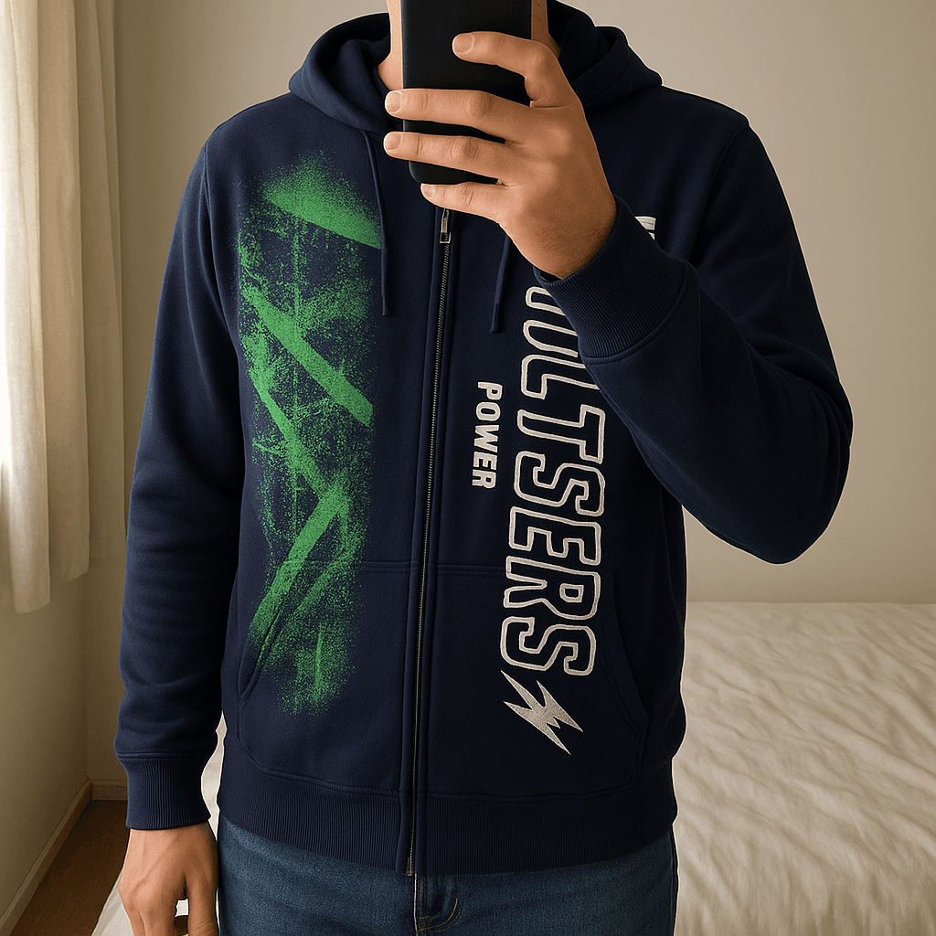 Felpa uomo 100% cotone – stile urban e comfort naturale in piedi, rivolto verso la fotocamera, in una camera da letto con luce soffusa e luce naturale che filtra dalla finestra.