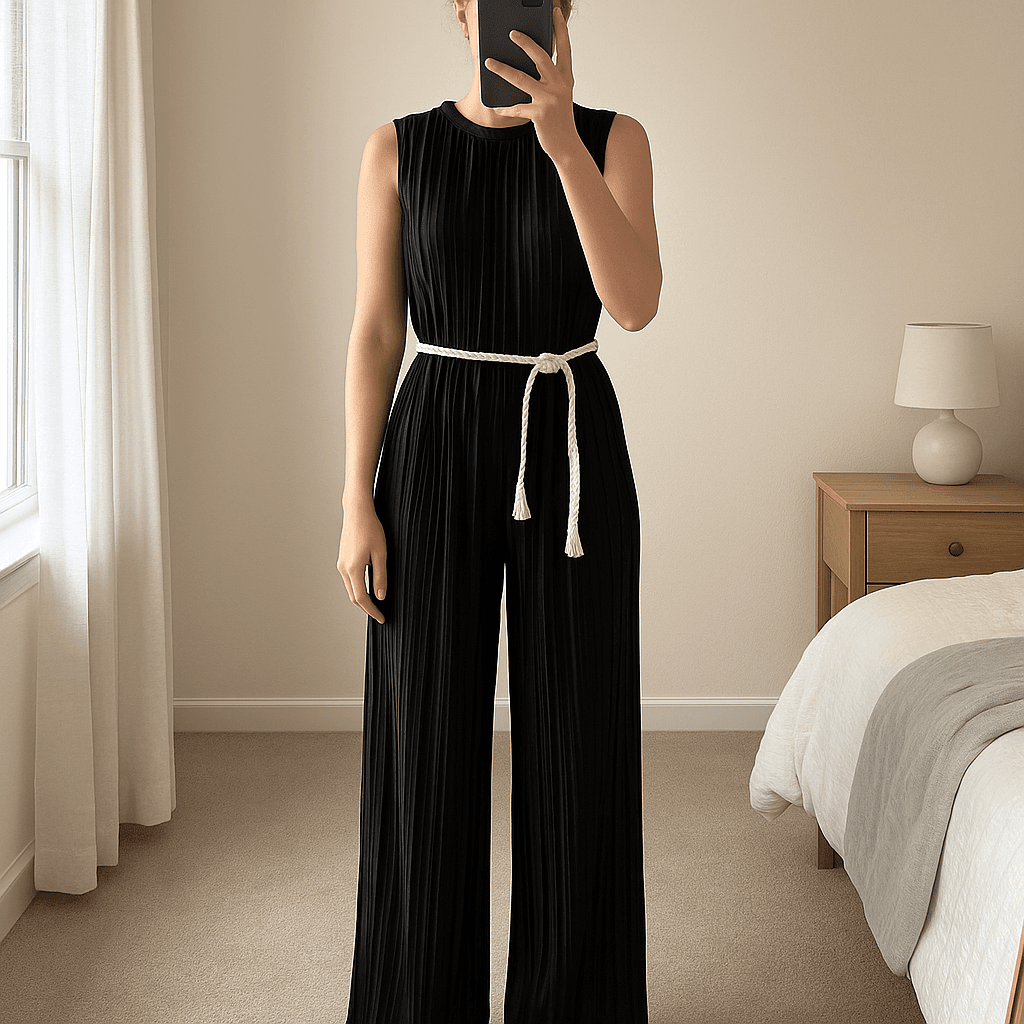 Combinaison pantalon Zara noir M - tuta Zara in piedi, rivolto verso la fotocamera, in una camera da letto con luce soffusa e luce naturale che filtra dalla finestra.