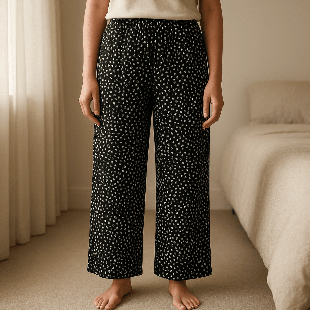 Linen trousers elasticated waist. standing straight facing the camera, in a softly lit bedroom setting, with gentle natural light filtering through a window.