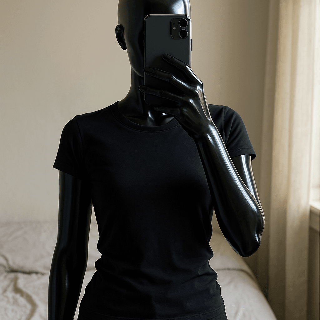 a glossy black plastic mannequin with no facial features in Skims dupe tričko H&M standing straight facing the camera, with a slim body type, in a softly lit bedroom setting, with gentle natural light filtering through a window.