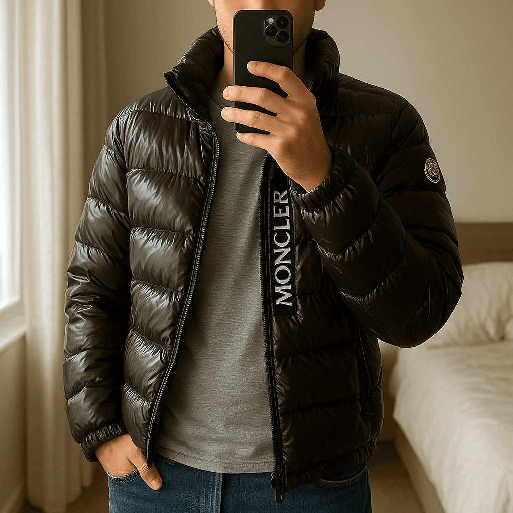 Moncler originale – Giubbotto nero lucido – Perfette condizioni in piedi, rivolto verso la fotocamera, in una camera da letto con luce soffusa e luce naturale che filtra dalla finestra.