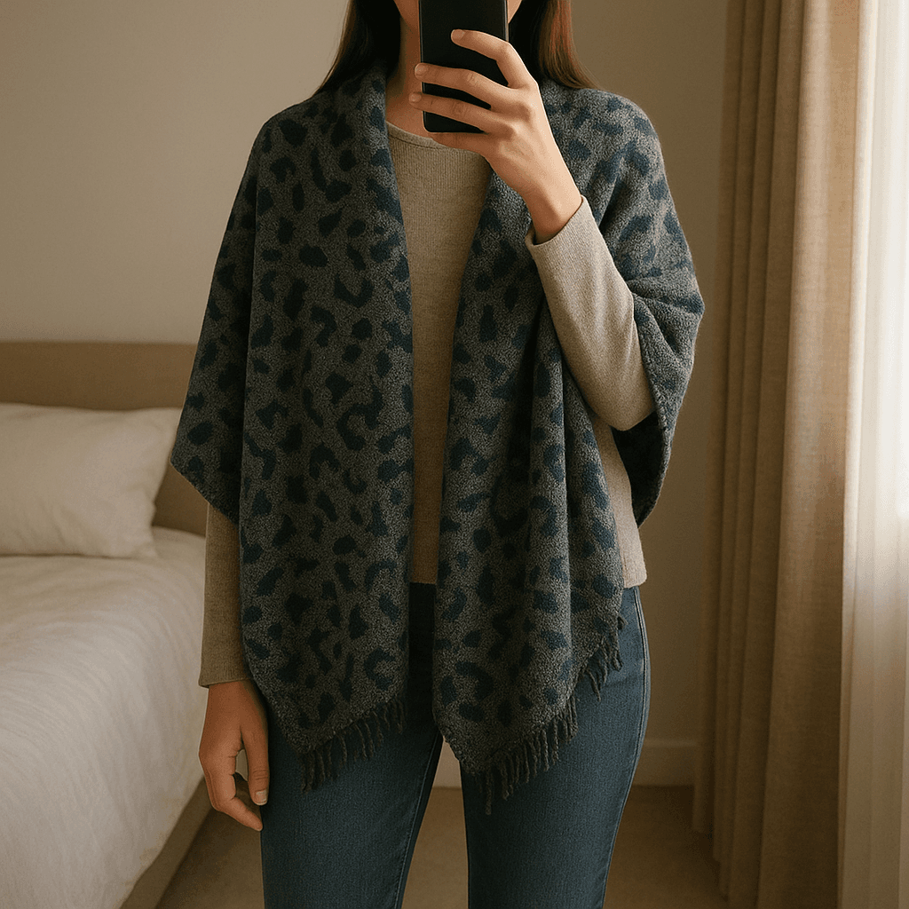 Large  scarf. standing straight facing the camera, in a softly lit bedroom setting, with gentle natural light filtering through a window.