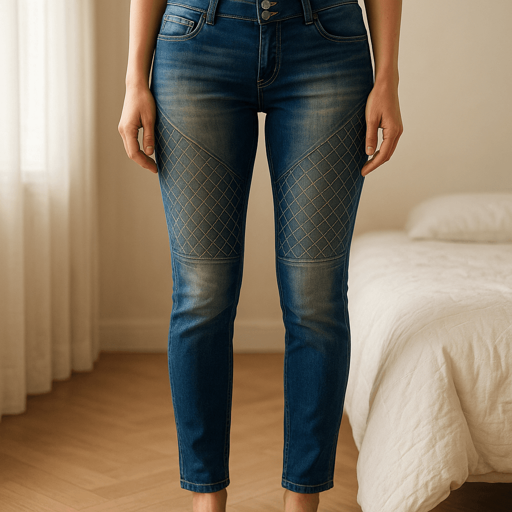 Jeans donna elasticizzati XL (46)  stile contemporaneo e comfort impeccabile in piedi, rivolto verso la fotocamera, in una camera da letto con luce soffusa e luce naturale che filtra dalla finestra.