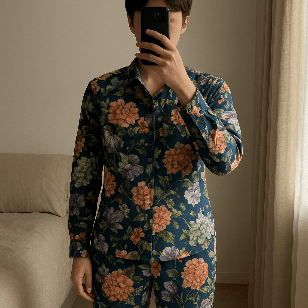 Camicia David naman in piedi, rivolto verso la fotocamera, in una camera da letto con luce soffusa e luce naturale che filtra dalla finestra.