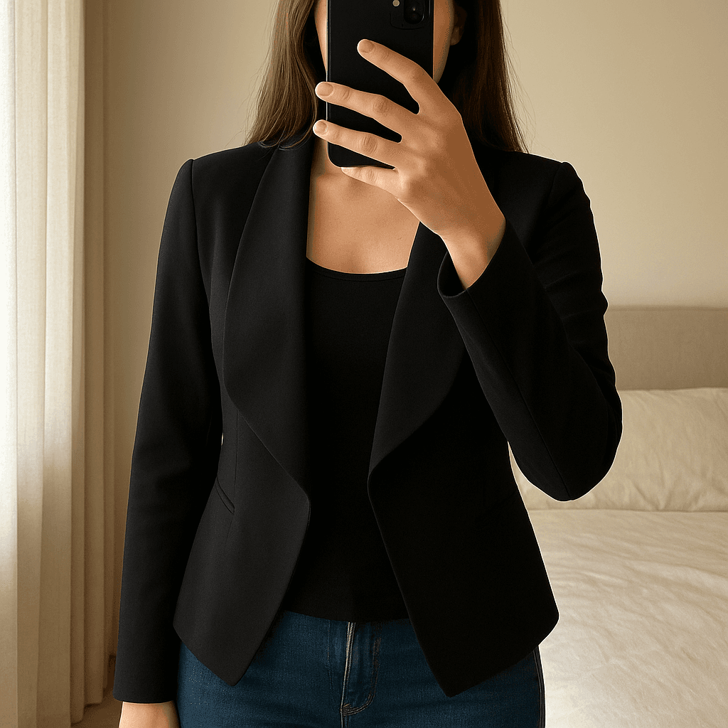 Blazer nero - Patrizia Pepe, nuovo! in piedi, rivolto verso la fotocamera, in una camera da letto con luce soffusa e luce naturale che filtra dalla finestra.