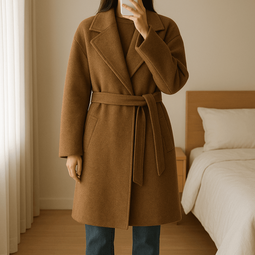 Brauner Mantel - Orsay aufrecht stehend, der Kamera zugewandt, in einem sanft beleuchteten Schlafzimmer, mit natürlichem Licht, das durch ein Fenster fällt.