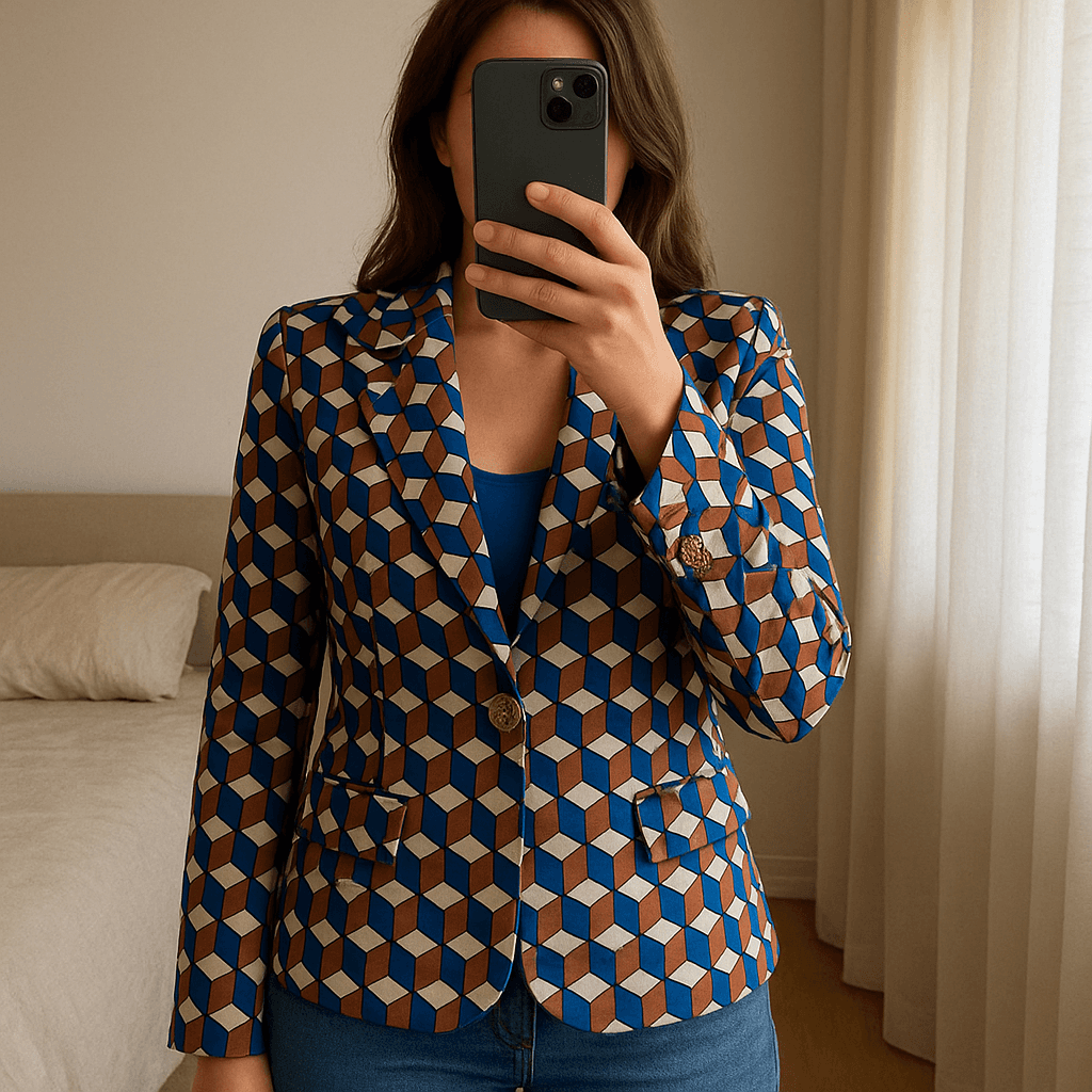 Blazer multicolore in piedi, rivolto verso la fotocamera, in una camera da letto con luce soffusa e luce naturale che filtra dalla finestra.