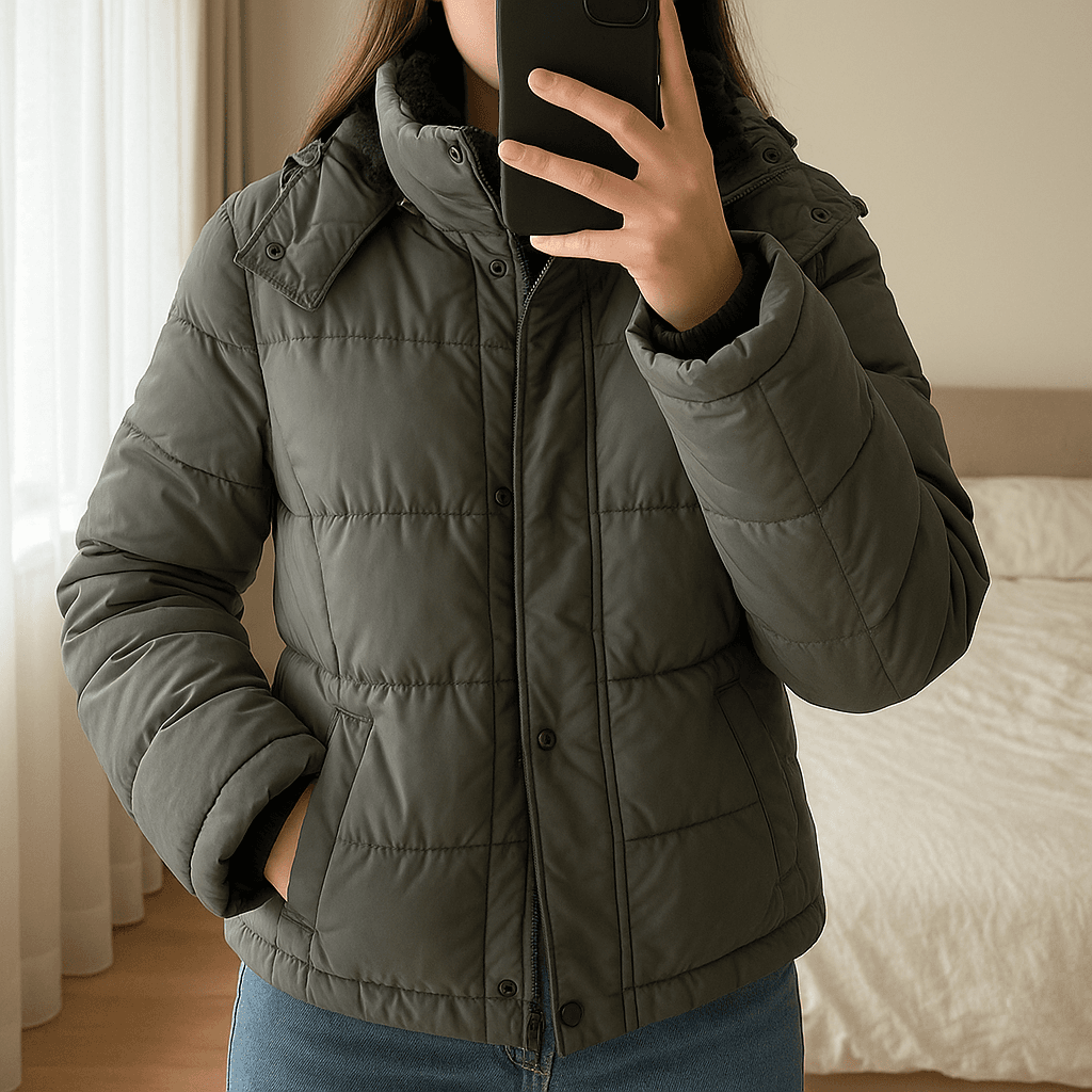 Calvin Klein women's hooded jacket in khaki green size L standing straight facing the camera, in a softly lit bedroom setting, with gentle natural light filtering through a window.