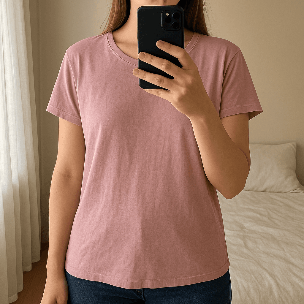 Rosafarbenes Basic-T-Shirt – Größe M aufrecht stehend, der Kamera zugewandt, in einem sanft beleuchteten Schlafzimmer, mit natürlichem Licht, das durch ein Fenster fällt.