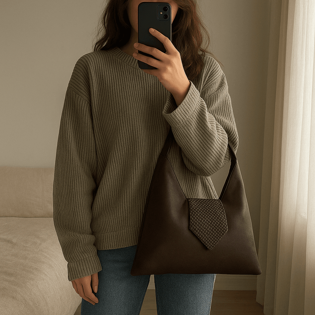 Borsa artigianale marrone in ecopelle scamosciata – Made in Italy, capiente e morbida in piedi, rivolto verso la fotocamera, in una camera da letto con luce soffusa e luce naturale che filtra dalla finestra.