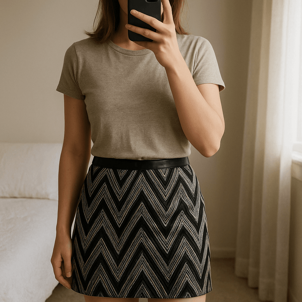 Great Quality Silver/Black Skirt standing straight facing the camera, in a softly lit bedroom setting, with gentle natural light filtering through a window.