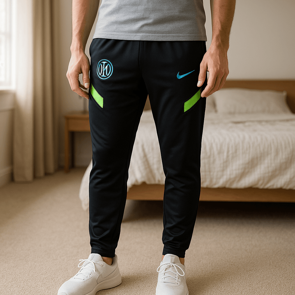 Men's XS joggers Adidas Inter Milan standing straight facing the camera, in a softly lit bedroom setting, with gentle natural light filtering through a window.