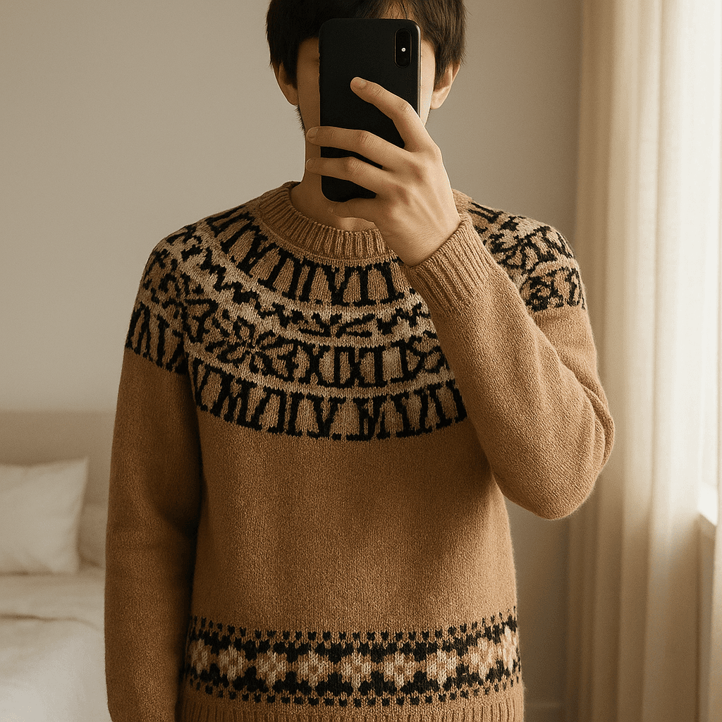 Maglione Max Mara in piedi, rivolto verso la fotocamera, in una camera da letto con luce soffusa e luce naturale che filtra dalla finestra.