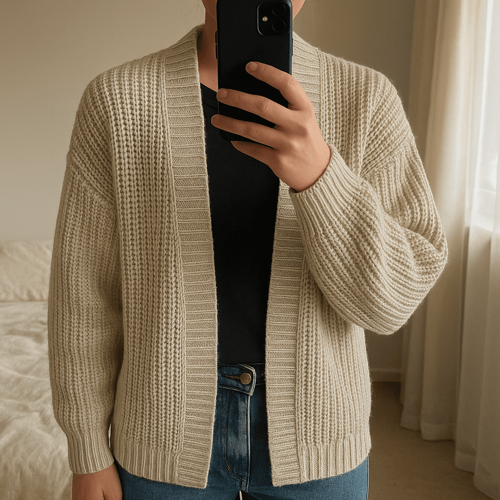 Béžový kardigán standing straight facing the camera, in a softly lit bedroom setting, with gentle natural light filtering through a window.