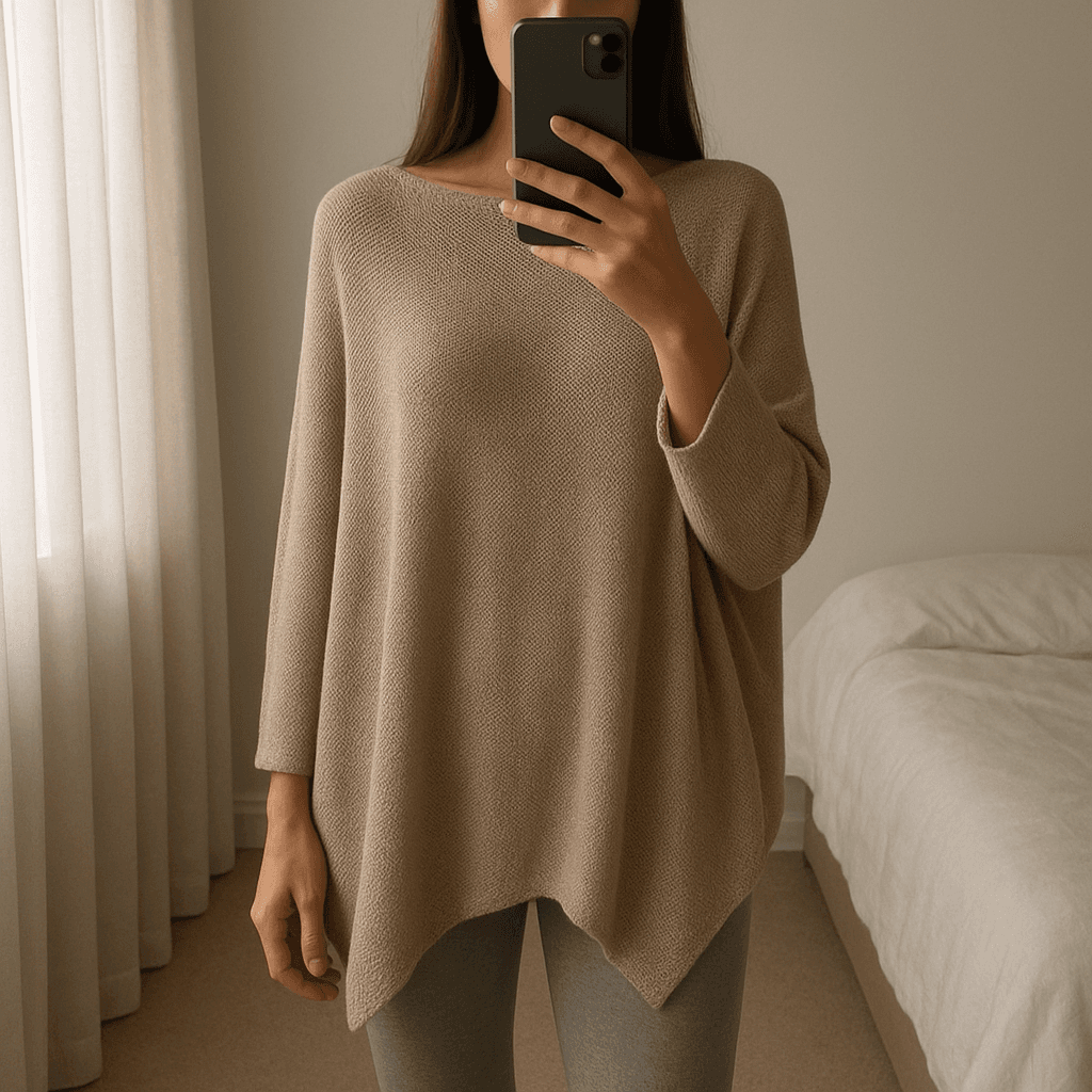 Poncho standing straight facing the camera, in a softly lit bedroom setting, with gentle natural light filtering through a window.