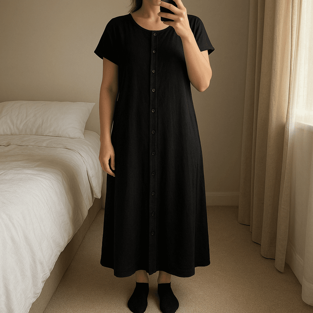 Nachthemd Damen XXL aufrecht stehend, der Kamera zugewandt, in einem sanft beleuchteten Schlafzimmer, mit natürlichem Licht, das durch ein Fenster fällt.