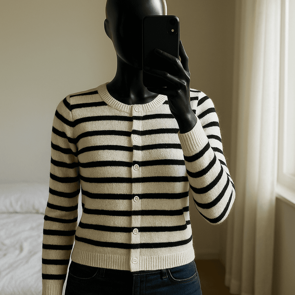 a glossy black plastic mannequin with no facial features in Pruhovaný sveter H&M standing straight facing the camera, with a slim body type, in a softly lit bedroom setting, with gentle natural light filtering through a window.