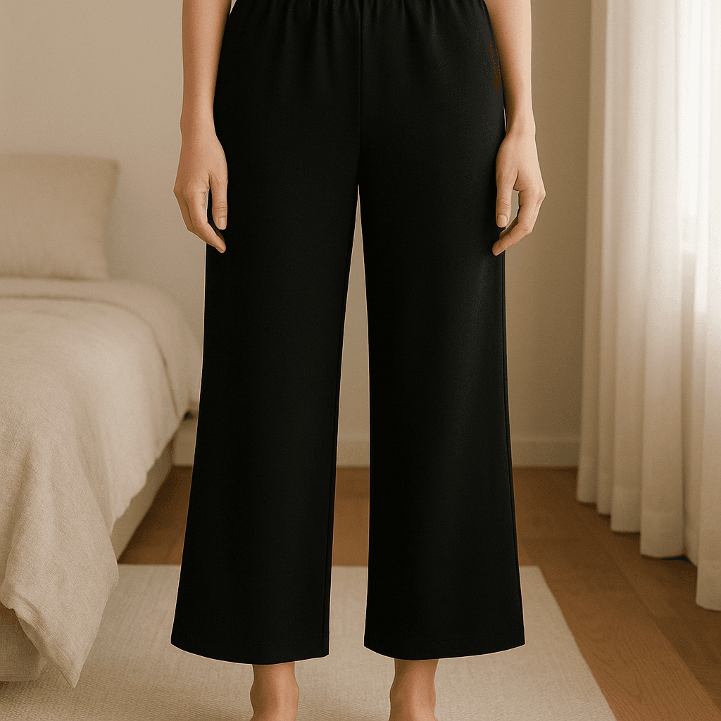 Pantaloni ampi eleganti in piedi, rivolto verso la fotocamera, in una camera da letto con luce soffusa e luce naturale che filtra dalla finestra.