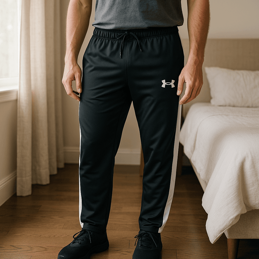 Under armour pants large great condition standing straight facing the camera, in a softly lit bedroom setting, with gentle natural light filtering through a window.