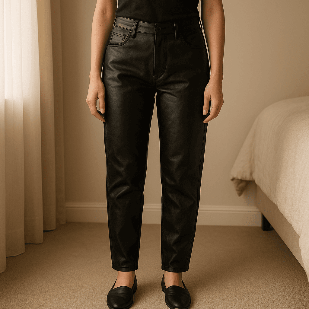 Faux leather  skinny trousers standing straight facing the camera, in a softly lit bedroom setting, with gentle natural light filtering through a window.