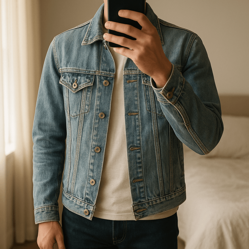 Giacca Denim Valandano Jeans XL – Jacket – Chaqueta – Veste – Jeansjacke – Vintage in piedi, rivolto verso la fotocamera, in una camera da letto con luce soffusa e luce naturale che filtra dalla finestra.