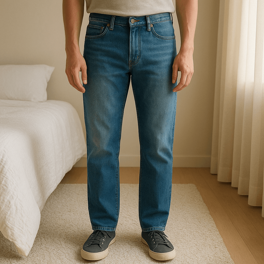 Primark Distressed Denim Jeans standing straight facing the camera, in a softly lit bedroom setting, with gentle natural light filtering through a window.