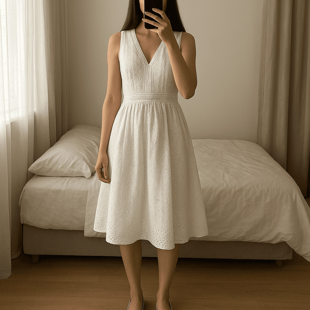 Weißes Sommerkleid – Größe 36 aufrecht stehend, der Kamera zugewandt, in einem sanft beleuchteten Schlafzimmer, mit natürlichem Licht, das durch ein Fenster fällt.