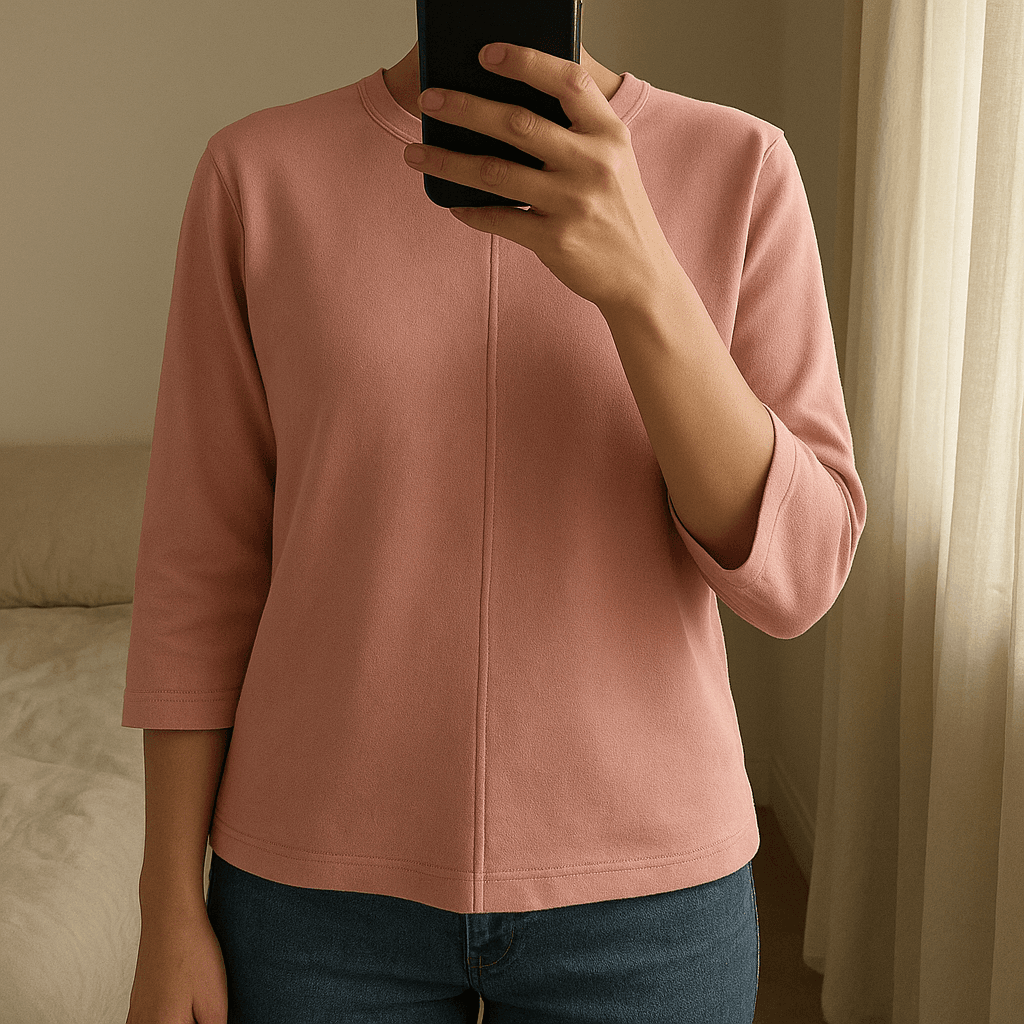 Weiches Oberteil in Hellrosa – Größe M aufrecht stehend, der Kamera zugewandt, in einem sanft beleuchteten Schlafzimmer, mit natürlichem Licht, das durch ein Fenster fällt.