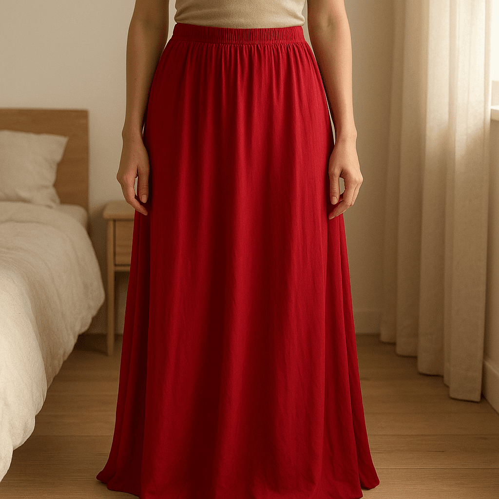 Gonna Midi satin in piedi, rivolto verso la fotocamera, in una camera da letto con luce soffusa e luce naturale che filtra dalla finestra.