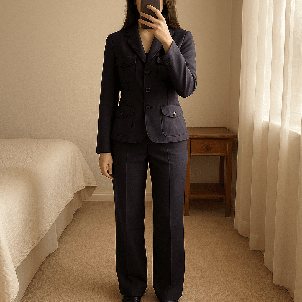 Completo donna elegante -color melanzana lucido-tg 48 in piedi, rivolto verso la fotocamera, in una camera da letto con luce soffusa e luce naturale che filtra dalla finestra.