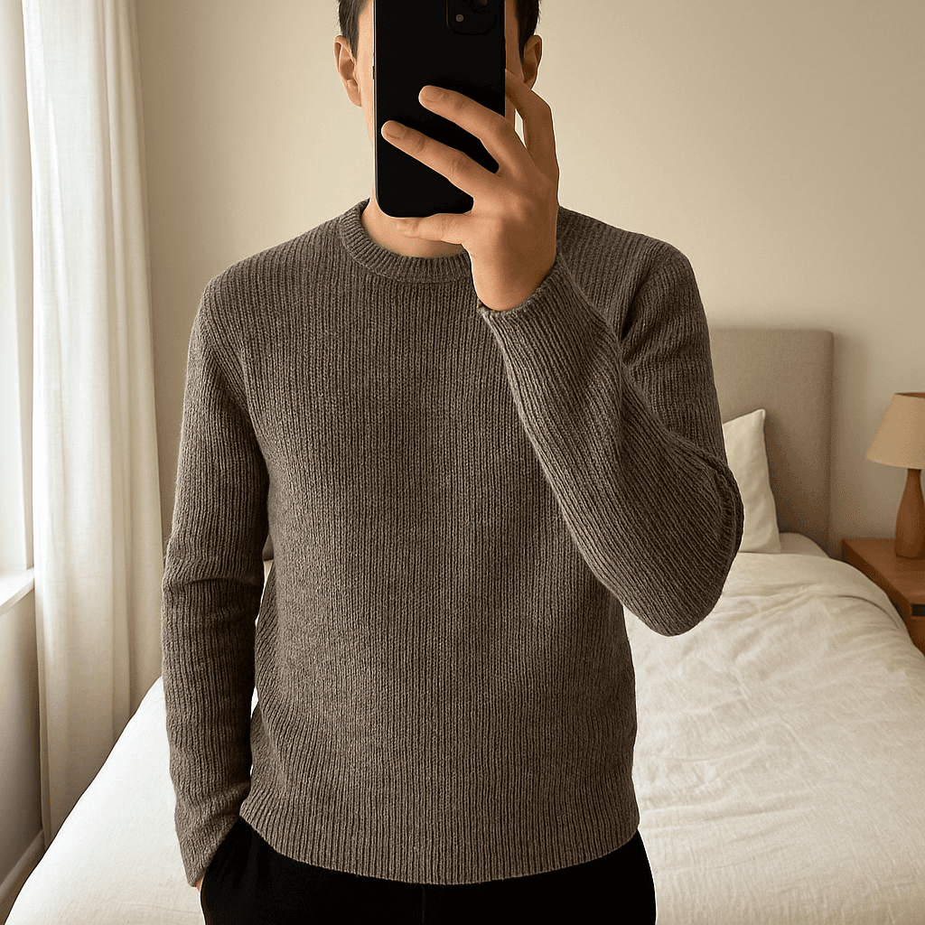 Pull hiver gris h&m homme M - Maglione uomo h&m in piedi, rivolto verso la fotocamera, in una camera da letto con luce soffusa e luce naturale che filtra dalla finestra.