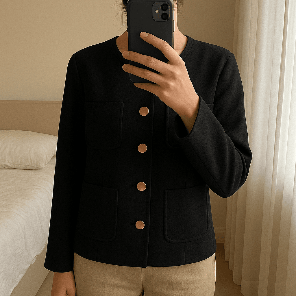 Giacca elegante Max&Co. in piedi, rivolto verso la fotocamera, in una camera da letto con luce soffusa e luce naturale che filtra dalla finestra.