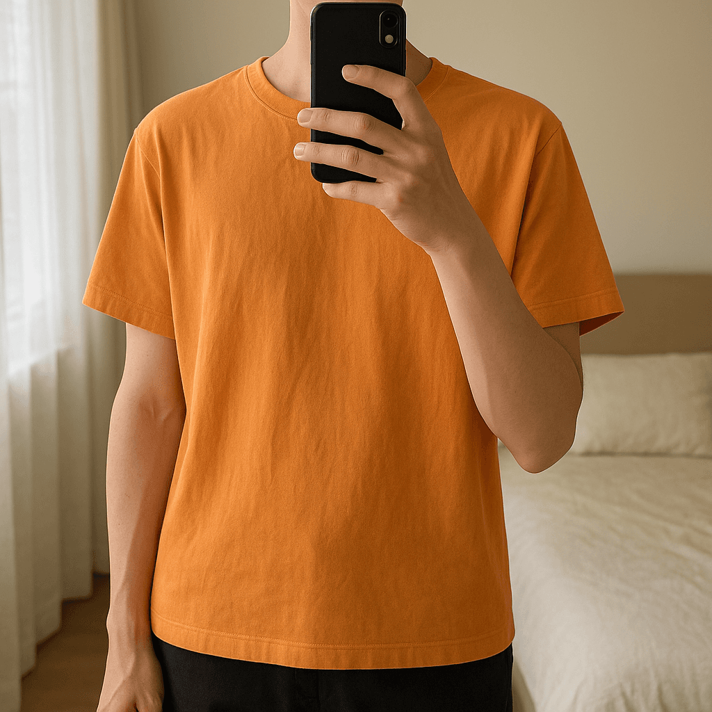 Lockeres T-Shirt in Orange – Größe M aufrecht stehend, der Kamera zugewandt, in einem sanft beleuchteten Schlafzimmer, mit natürlichem Licht, das durch ein Fenster fällt.