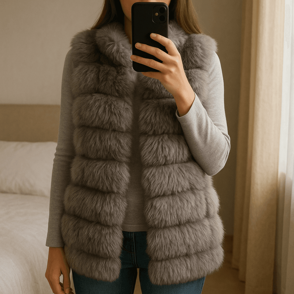 Light grey  gilet standing straight facing the camera, in a softly lit bedroom setting, with gentle natural light filtering through a window.