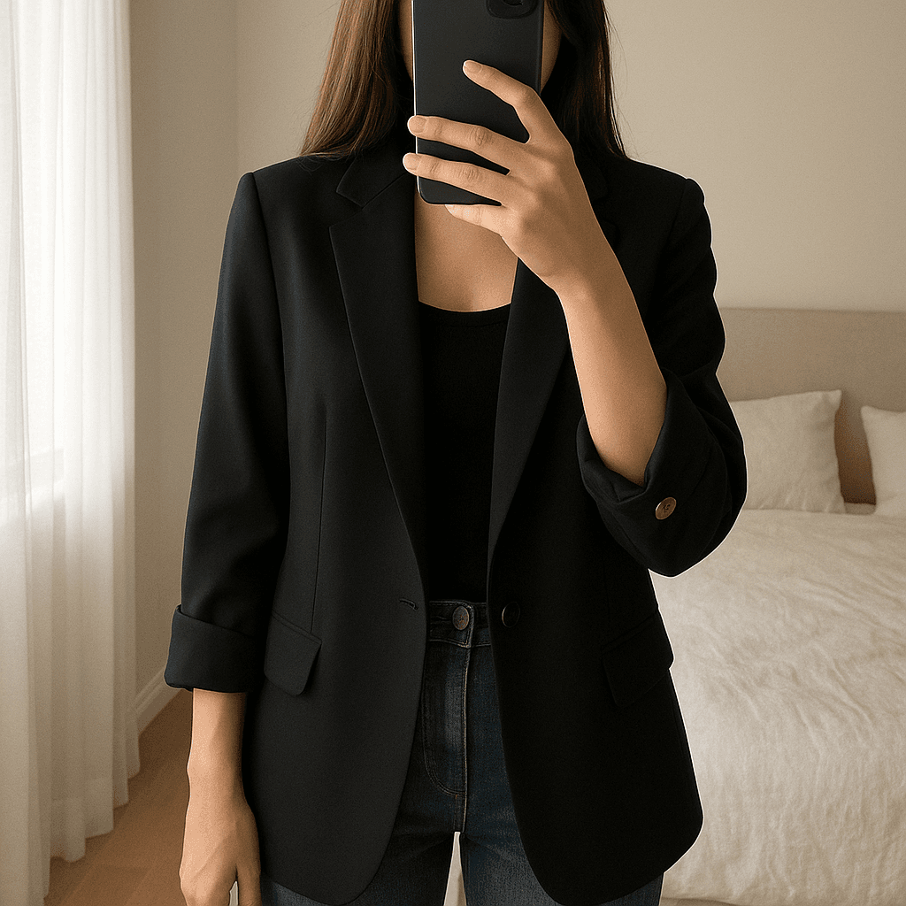 Blazer in piedi, rivolto verso la fotocamera, in una camera da letto con luce soffusa e luce naturale che filtra dalla finestra.