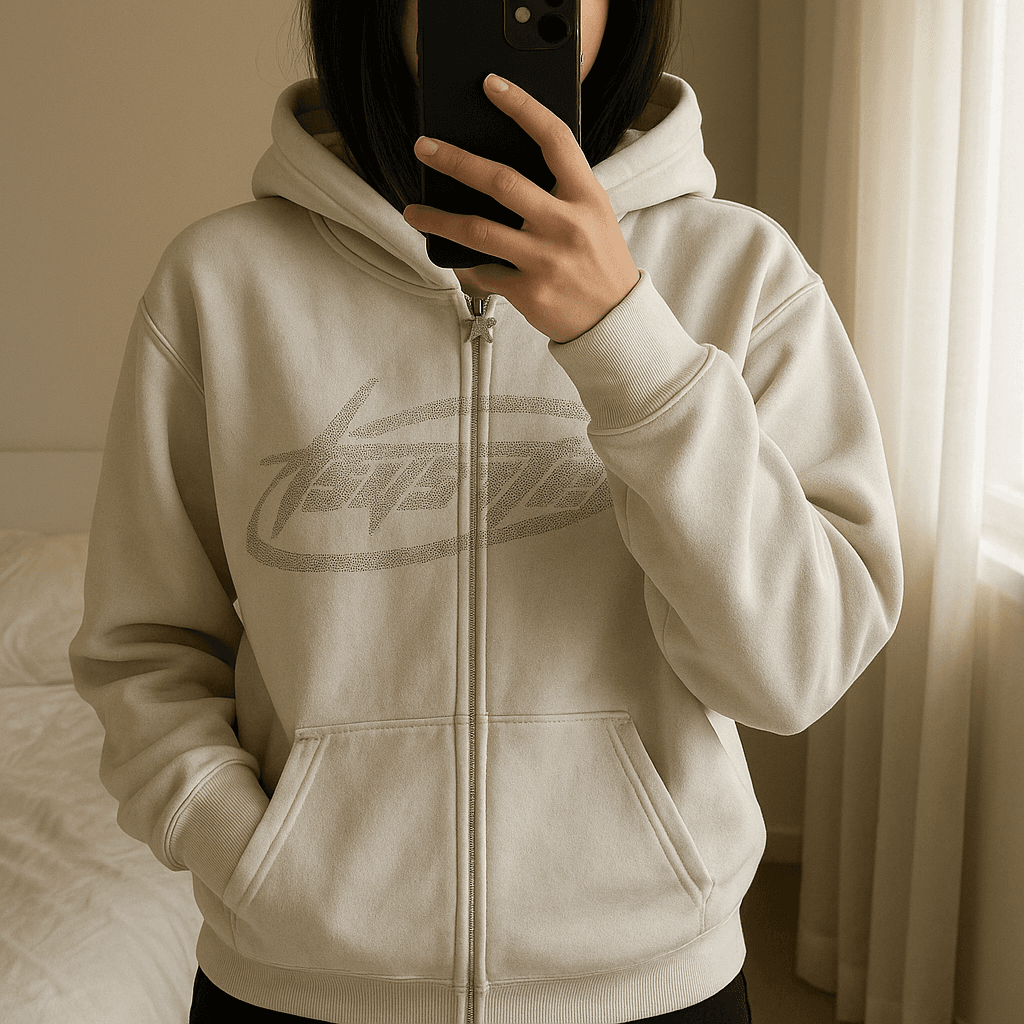 Béžová mikina na zips standing straight facing the camera, in a softly lit bedroom setting, with gentle natural light filtering through a window.